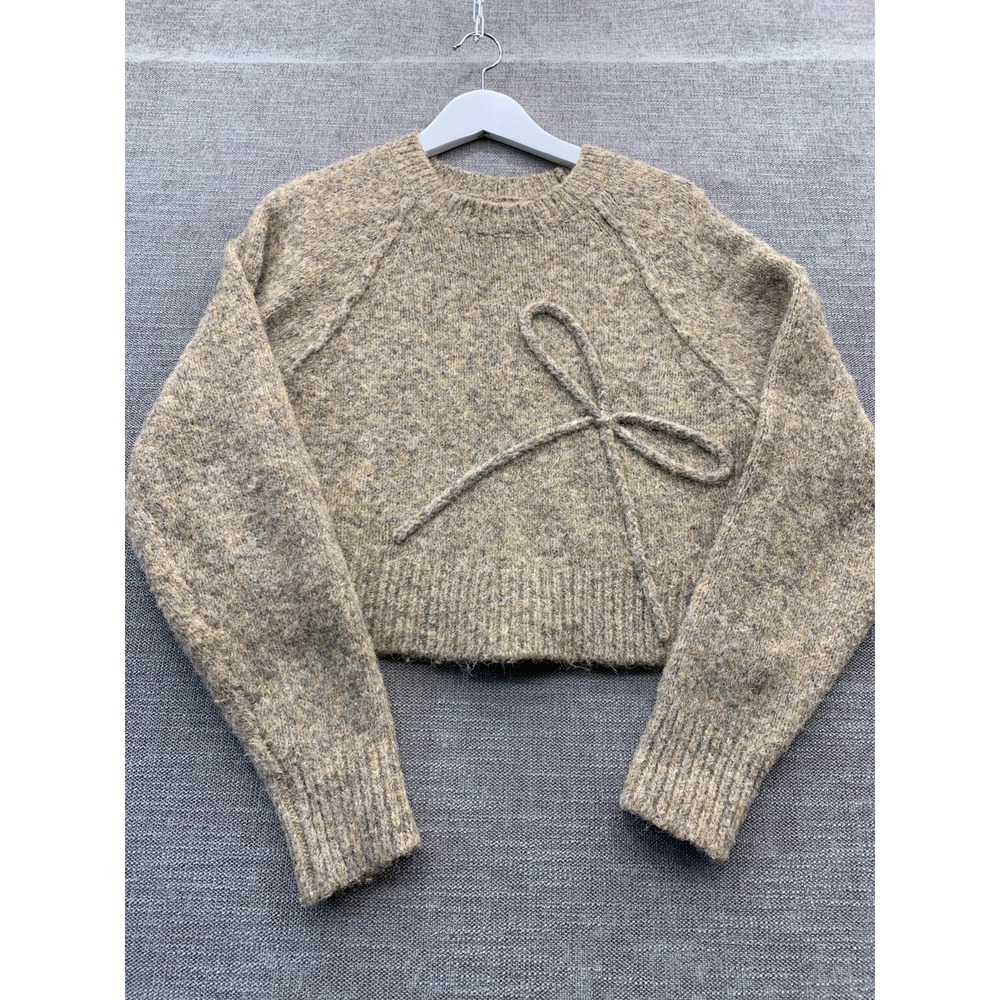 American Eagle Outfitters Cropped Sweater Womens M Beige 3-D Bow Detail Fitted
